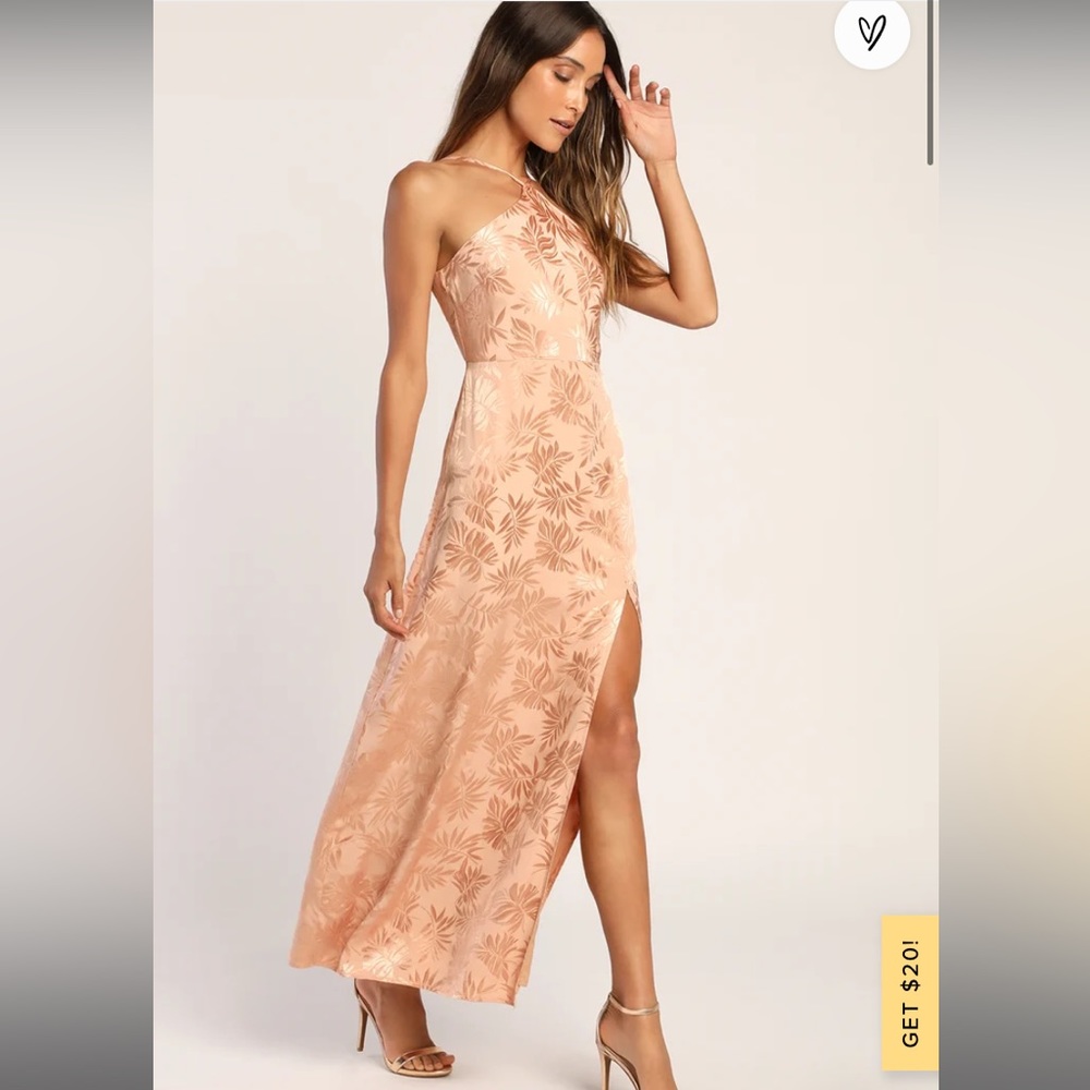 Lulus Elegant Expressions Pink Satin Leaf Print Halter Maxi Dress